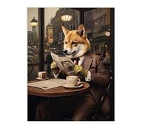 Artery8 Shiba Inu Coffee Shop Cafe Reading Newspaper Formal Dress Large Wall Art Poster Print Thick Paper 18X24 Inch