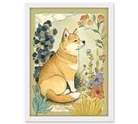 Artery8 Shiba Inu Dog in Flower Field Modern Pastel Watercolour Illustration Artwork Framed A3 Wall Art Print