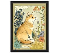 Artery8 Shiba Inu Dog in Flower Field Modern Pastel Watercolour Illustration Artwork Framed A3 Wall Art Print