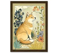 Artery8 Shiba Inu Dog in Flower Field Modern Pastel Watercolour Illustration Artwork Framed A3 Wall Art Print