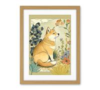 Artery8 Shiba Inu Dog in Flower Field Modern Pastel Watercolour Illustration Artwork Framed Wall Art Print 18X24 Inch