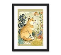 Artery8 Shiba Inu Dog in Flower Field Modern Pastel Watercolour Illustration Artwork Framed Wall Art Print 18X24 Inch