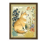 Artery8 Shiba Inu Dog in Flower Field Modern Pastel Watercolour Illustration Artwork Framed Wall Art Print 18X24 Inch