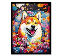 Artery8 Shiba Inu Dog Lover Gift Pet Portrait Colourful Artwork Painting Artwork Framed Wall Art Print 18X24 Inch