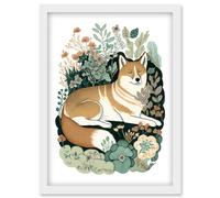 Artery8 Shiba Inu Dog Lying in Flower Field Modern Stylised Illustration Artwork Framed Wall Art Print A4 in White Artery8 White