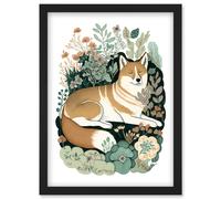 Artery8 Shiba Inu Dog Lying in Flower Field Modern Stylised Illustration Artwork Framed Wall Art Print A4 in Black Artery8 Black