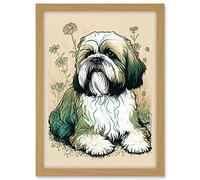Artery8 Shih Tzu Dog with Daisies Modern Multicoloured Linocut Illustration Artwork Framed A3 Wall Art Print