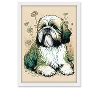 Artery8 Shih Tzu Dog with Daisies Modern Multicoloured Linocut Illustration Artwork Framed A3 Wall Art Print