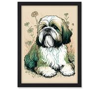 Artery8 Shih Tzu Dog with Daisies Modern Multicoloured Linocut Illustration Artwork Framed A3 Wall Art Print