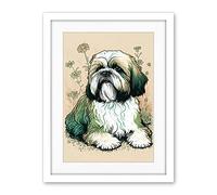 Artery8 Shih Tzu Dog with Daisies Modern Multicoloured Linocut Illustration Artwork Framed Wall Art Print 18X24 Inch