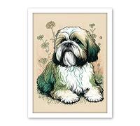 Artery8 Shih Tzu Dog with Daisies Modern Multicoloured Linocut Illustration Artwork Framed Wall Art Print 18X24 Inch