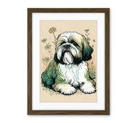 Artery8 Shih Tzu Dog with Daisies Modern Multicoloured Linocut Illustration Artwork Framed Wall Art Print 18X24 Inch