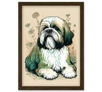 Artery8 Shih Tzu Dog with Daisies Modern Multicoloured Linocut Illustration Artwork Framed Wall Art Print A4 in Brown Artery8 Brown