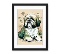 Artery8 Shih Tzu Dog with Daisies Modern Multicoloured Linocut Illustration Artwork Framed Wall Art Print 18X24 Inch