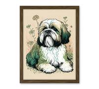 Artery8 Shih Tzu Dog with Daisies Modern Multicoloured Linocut Illustration Artwork Framed Wall Art Print 18X24 Inch
