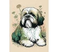 Artery8 Shih Tzu Dog with Daisies Modern Multicoloured Linocut Illustration Extra Large XL Wall Art Poster Print