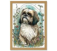 Artery8 Shih Tzu Dog with Wildflowers Modern Art Nouveau Inspired Illustration Artwork Framed A3 Wall Art Print