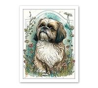 Artery8 Shih Tzu Dog with Wildflowers Modern Art Nouveau Inspired Illustration Artwork Framed Wall Art Print 18X24 Inch