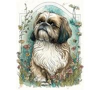 Artery8 Shih Tzu Dog with Wildflowers Modern Art Nouveau Inspired Illustration Extra Large XL Wall Art Poster Print