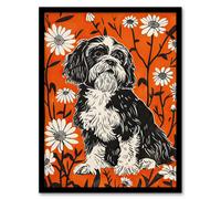 Artery8 Shih Tzu with Daisies Red Floral Dog Lover Framed Wall Art | Size: A4 Artery8 Red A4