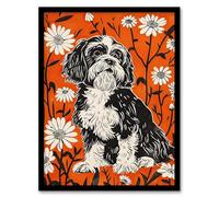 Artery8 Shih Tzu with Daisies Red Floral Dog Lover Living Room Artwork Framed Wall Art Print A4