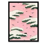 Artery8 Shin Bijutsukai Framed Wall Art Print Pink Sky With Clouds & Birds | Size: A4 Artery8 Pink A4