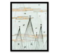 Artery8 Shin Bijutsukai Framed Wall Art Print Skyscape With Birds Flying in Blue | Size: A4 Artery8 Blue A4