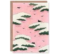 Artery8 Shin Bijutsukai Japanese Art Card Pink Sky With Clouds and Birds