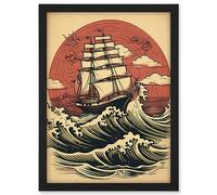 Artery8 Ship Sailing in Rough Sea Waves Retro Rockabilly Americana 50s Artwork Framed A3 Wall Art Print