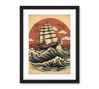 Artery8 Ship Sailing in Rough Sea Waves Retro Rockabilly Americana 50s Artwork Framed Wall Art Print 18X24 Inch
