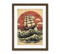 Artery8 Ship Sailing in Rough Sea Waves Retro Rockabilly Americana 50s Artwork Framed Wall Art Print 18X24 Inch