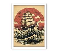 Artery8 Ship Sailing in Rough Sea Waves Retro Rockabilly Americana 50s Artwork Framed Wall Art Print 18X24 Inch