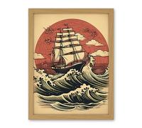 Artery8 Ship Sailing in Rough Sea Waves Retro Rockabilly Americana 50s Artwork Framed Wall Art Print 18X24 Inch