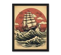 Artery8 Ship Sailing in Rough Sea Waves Retro Rockabilly Americana 50s Artwork Framed Wall Art Print 18X24 Inch