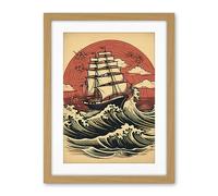Artery8 Ship Sailing in Rough Sea Waves Retro Rockabilly Americana 50s Artwork Framed Wall Art Print 18X24 Inch