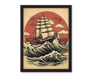 Artery8 Ship Sailing in Rough Sea Waves Retro Rockabilly Americana 50s Artwork Framed Wall Art Print 18X24 Inch