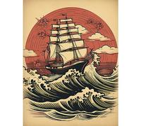 Artery8 Ship Sailing in Rough Sea Waves Retro Rockabilly Americana 50s Extra Large XL Wall Art Poster Print