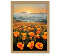 Artery8 Shoreline California Poppies At Sunrise Painting Artwork Framed Wall Art Print A4 in Light Oak Artery8 Light Oak