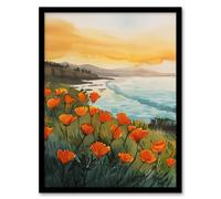 Artery8 Shoreline California Poppies Floral Watercolour Framed Art Print | Size: W12" x H16" Artery8 Multicolor W12" x H16"