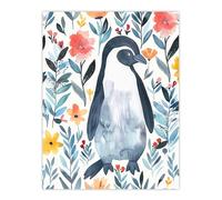 Artery8 Shy Penguin in Flower Garden Bright Floral Living Room Extra Large XL Wall Art Poster Print