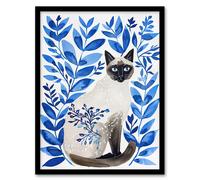 Siamese Cat Lover and Blue Plants Pet Portrait Framed Wall Art Artery8 Blue A4
