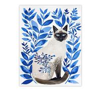 Siamese Cat Lover and Blue Plants Pet Portrait Wall Art Print Artery8 Blue W24 inch x H32 inch
