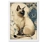 Siamese Cat with Blue Flower Pattern Modern Art Nouveau Watercolour Illustration Artwork Framed Wall Art Print A4 Artery8 White One Size