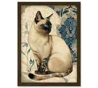 Siamese Cat with Blue Flower Pattern Modern Art Nouveau Watercolour Illustration Artwork Framed Wall Art Print A4 Artery8 Brown One Size