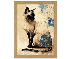 Artery8 Siamese Cat with Blue Flowers Watercolour and Ink Modern Illustration Artwork Framed A3 Wall Art Print