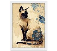 Artery8 Siamese Cat with Blue Flowers Watercolour and Ink Modern Illustration Artwork Framed Wall Art Print A4