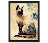 Artery8 Siamese Cat with Blue Flowers Watercolour and Ink Modern Illustration Artwork Framed Wall Art Print A4
