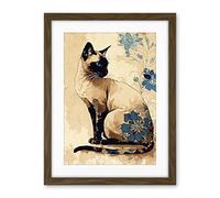 Artery8 Siamese Cat with Blue Flowers Watercolour and Ink Modern Illustration Artwork Framed Wall Art Print 18X24 Inch