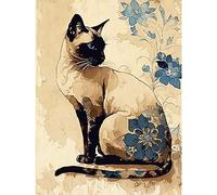 Artery8 Siamese Cat with Blue Flowers Watercolour and Ink Modern Illustration Large Wall Art Poster Print Thick Paper 18X24 Inch