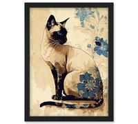 Artery8 Siamese Cat with Blue Flowers Watercolour & Ink Modern Illustration Artwork Framed Wall Art Print A4 in Black Artery8 Black